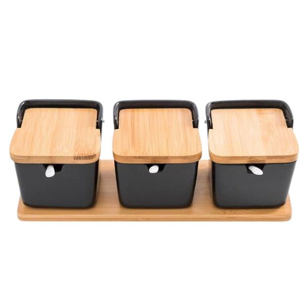 3-Piece Ceramic Spice Jar Set with Bamboo Lids, Spoons &amp; Tray - Black