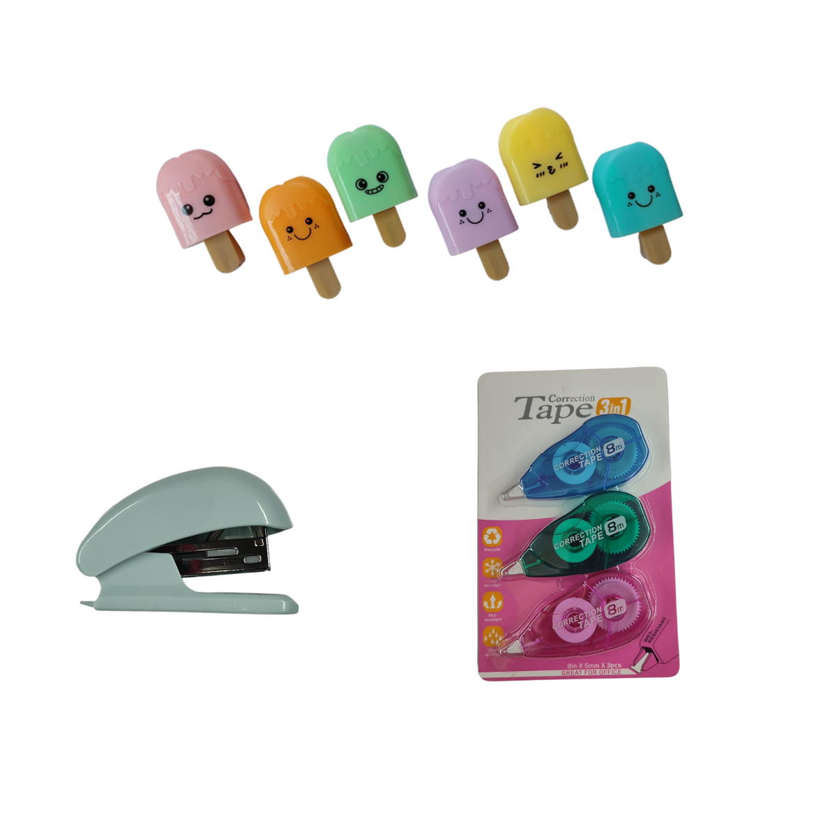 Correction tape 8m, Mini Smiley Face Highlighter, mini stapler set