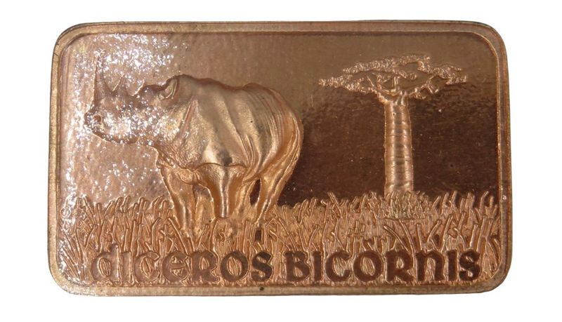 Pure Copper Minted Bar- Rhinoceros - Diceros Bicornis - 40 Gram Copper Bar