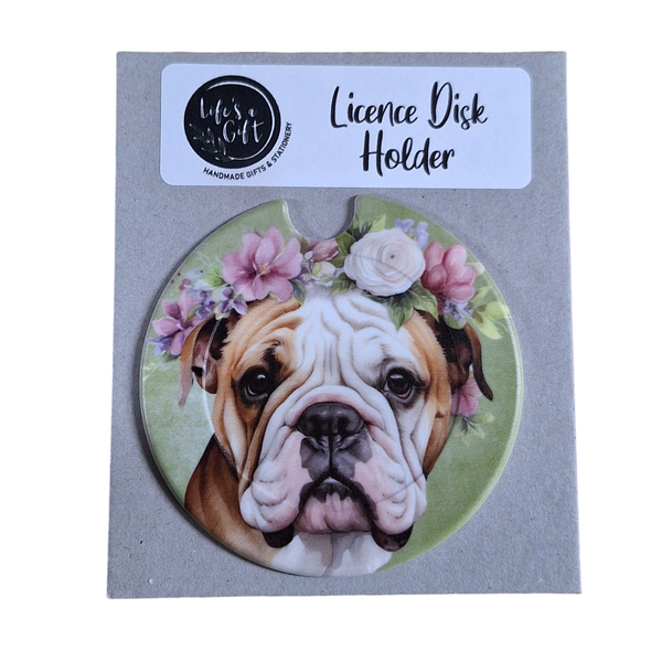 Dog &amp; Flowers Licence Disk Holder - Bulldog