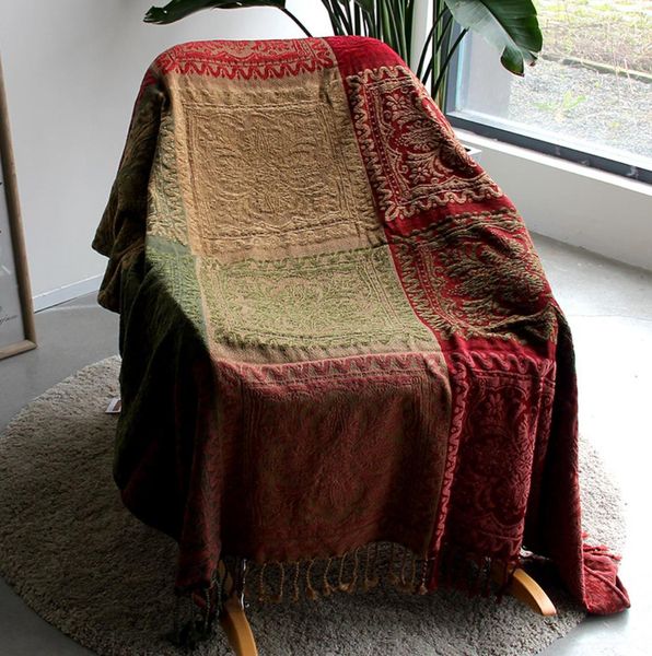 Chenille Blanket Vintage Jacquard Sofa Cover Decorative Throws - Redgreen