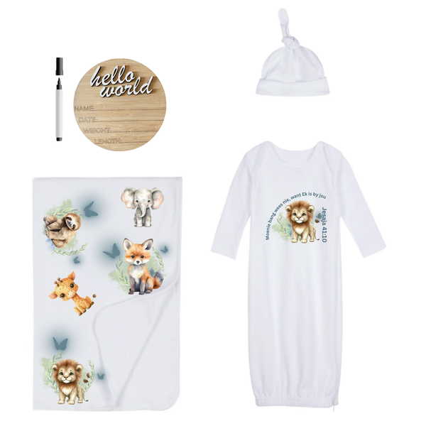 New Born-Sleeping Bag,Swaddle,Hat&amp;Birth Announ-Hello World-Moenie bang wees