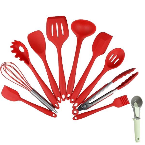 10 Piece Silicone Kitchen Cooking Utensils with Scoop-Red