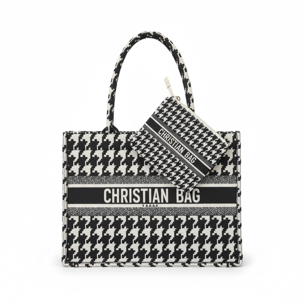 Chic Houndstooth Shopper Tote Bag with Matching Pouch