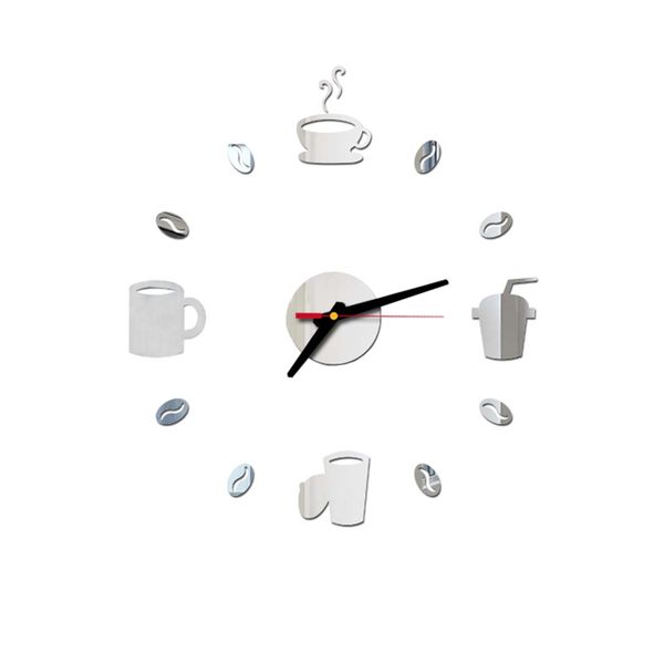 Kitchen DIY Coffee Cups Decor Wall Sticker Clock for Living Room - Silver