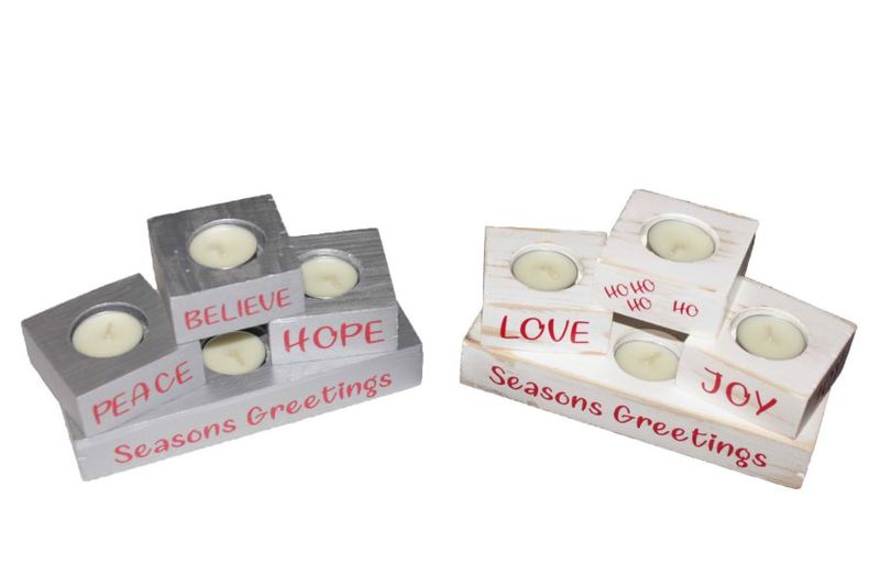 Wooden Candle Holder Set (8) - Christmas Theme - Silver &amp; White