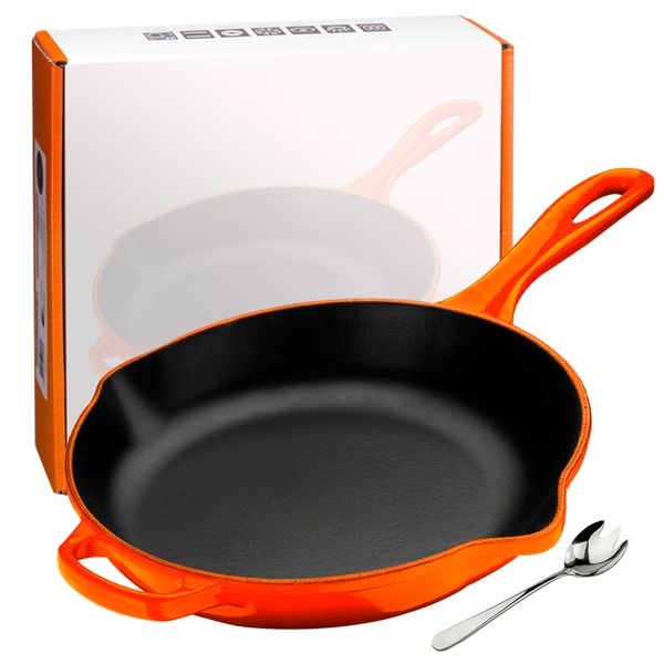 Flame Orange Enameled Cast Iron Round Skillet Frying Pan - 10.25 inch
