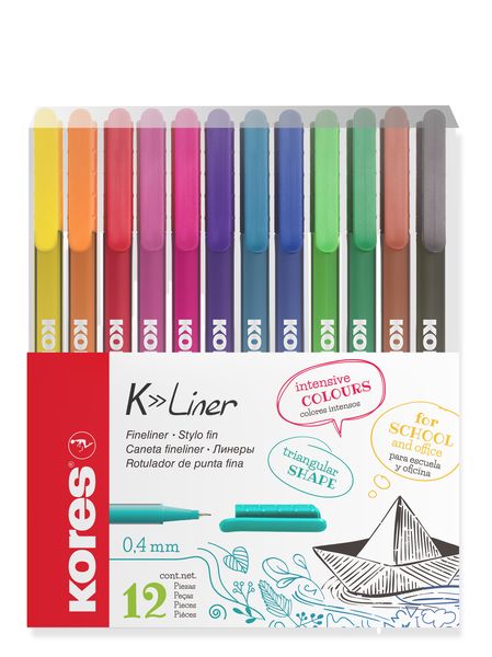 Kores K-Liner Fineliner, Assorted Colours, Wallet of 12