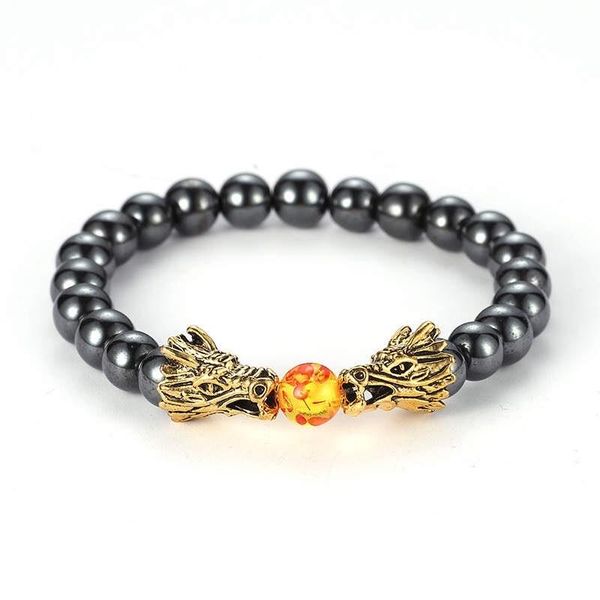 Argent Craft Natural Hematite Stone Bracelet with Dragon Heads - Gold