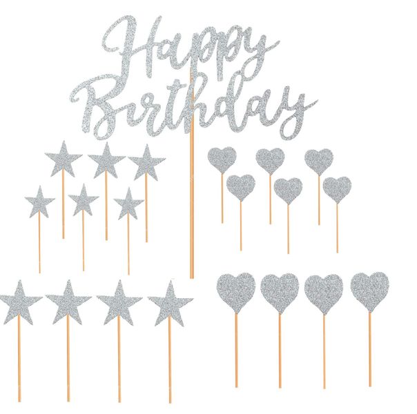 Cake Topper - 21Pcs Happy Birthday - Silver