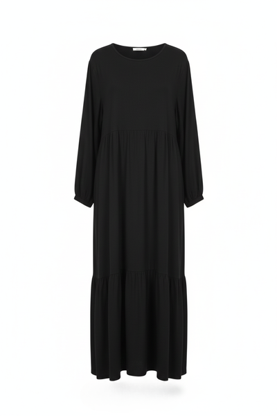 Plain Black Viscose Cotton Long Sleeve Modest Pleated Dress