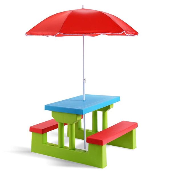 Kids Table with Two Benches &amp; Umbrella - Easy DIY