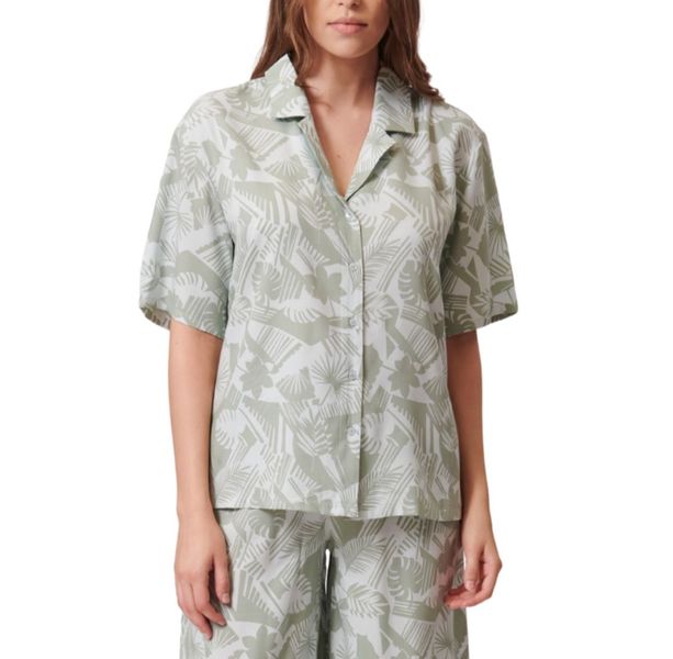 Women Resort Printed Cotton Short Sleeve Button Neck Shirt