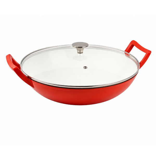 36cm Orange Cast Iron Enamel Wok Pan with Glass Lid