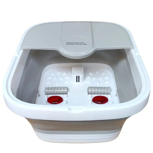 Portable heated foot spa with relaxing bubble massage and foldable design.