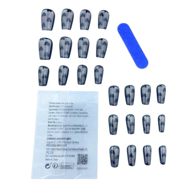 24-Piece Press-On Nails Set With Glossy Heart Print - Grey &amp; Black