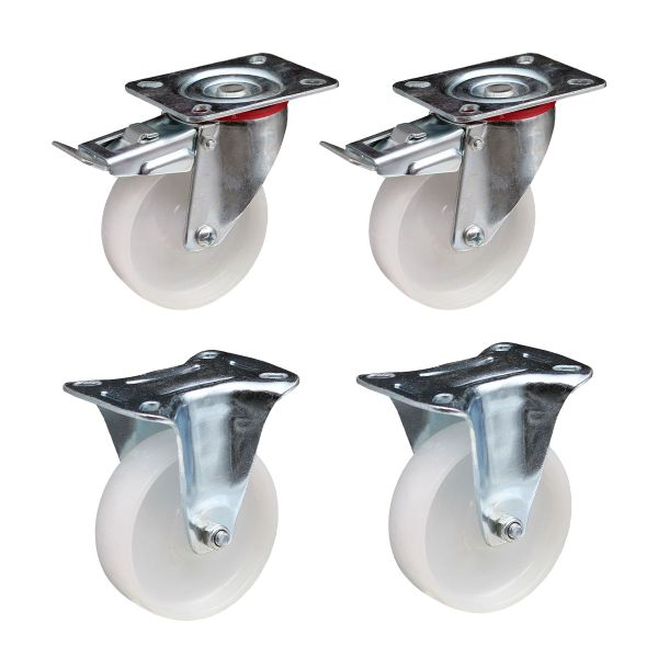 White Nylon Wheel Swivel Brake Plate + Fixed Castors 100mm
