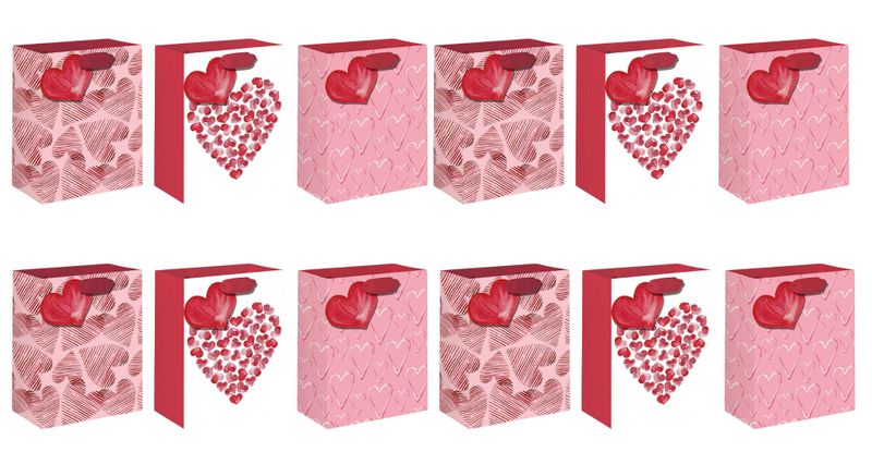 x12 Piece Pink Hearts Gift Bag Set - 26 × 32 × 12.5cm.