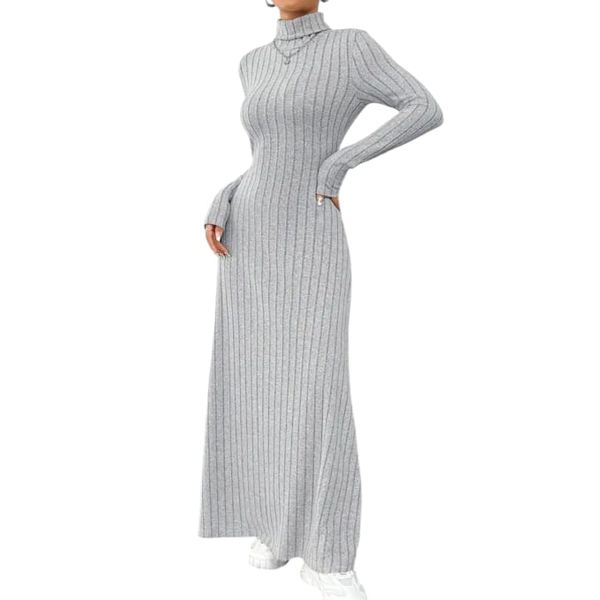 GlammeFab Turtle Neck Knit Rib Maxi Winter Dress Grey