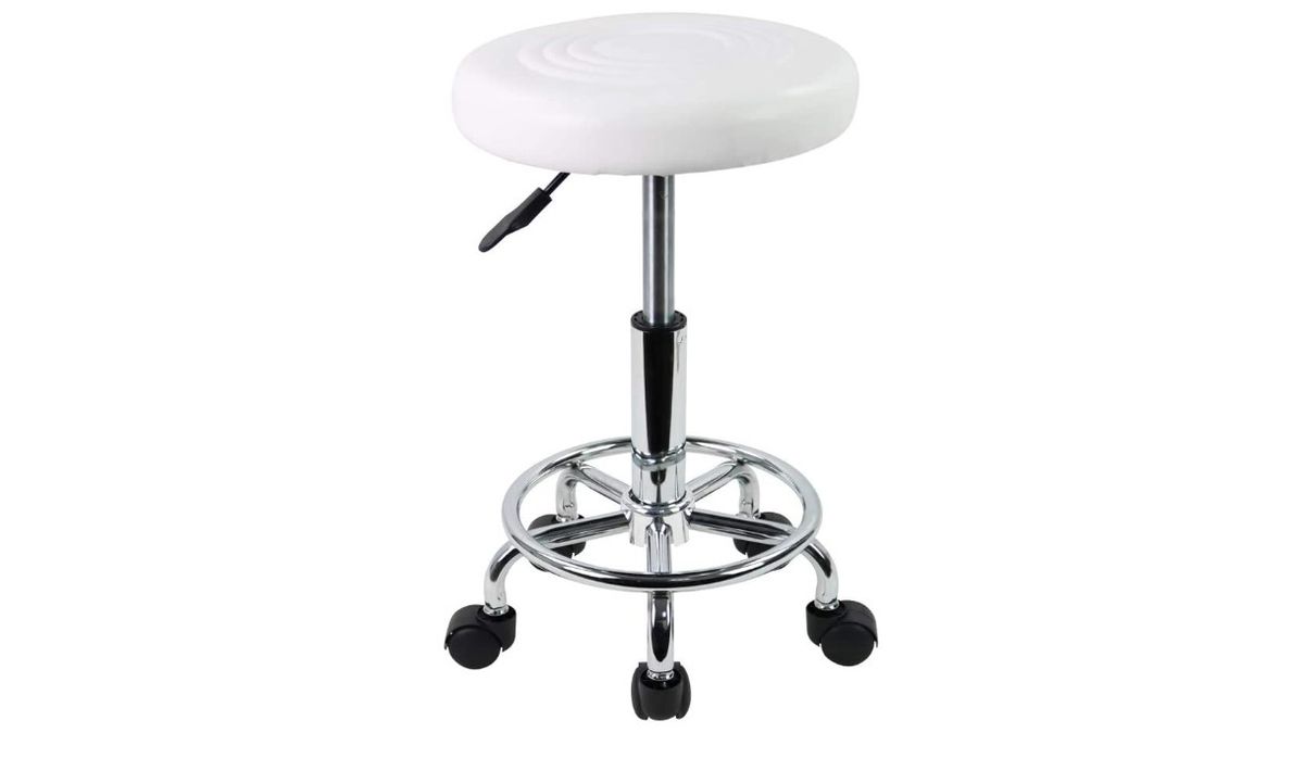 PU Leather Round Rolling Stool with Foot Rest - White