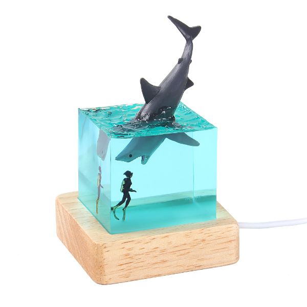 ZELTRYN Megalodon Shark Resin Night Light with RGB Wooden Base