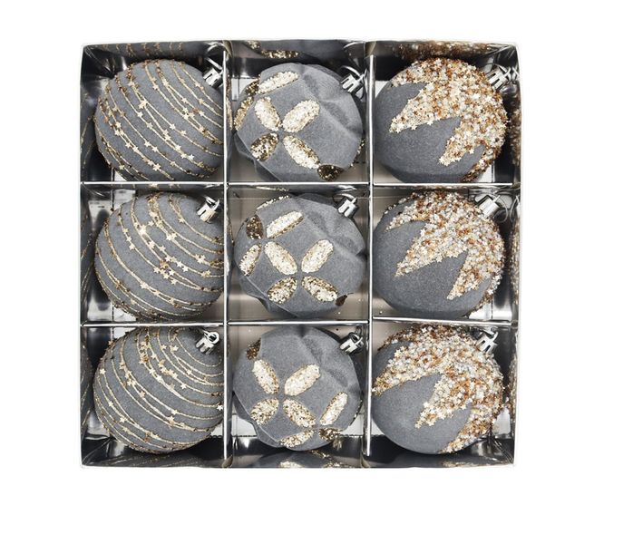 9Pcs Grey Velvet Christmas Balls with Gold Accents - Tree &amp; Window Decor
