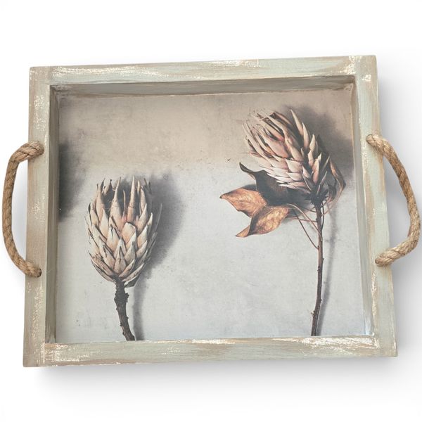 Rustic Wooden Tray with Rope Handles &amp; Protea Print - 27cm
