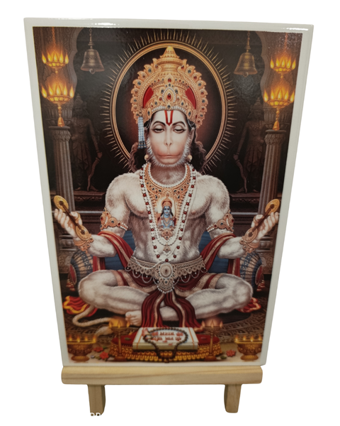 Hindu Religious Tile Ceramic Glazed -Hanuman Meditate + Wooden Easel Stand