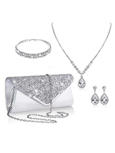Silver Rhinestone Clutch Shoulder Bag-Jewelry Set - 4-Piece