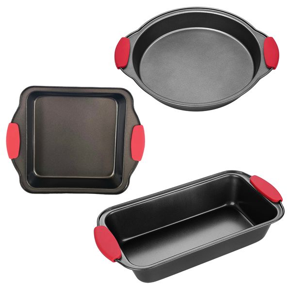 3 Piece Non-Stick Baking Pan &amp; Tray Set with Silicon Heat Proof Handles