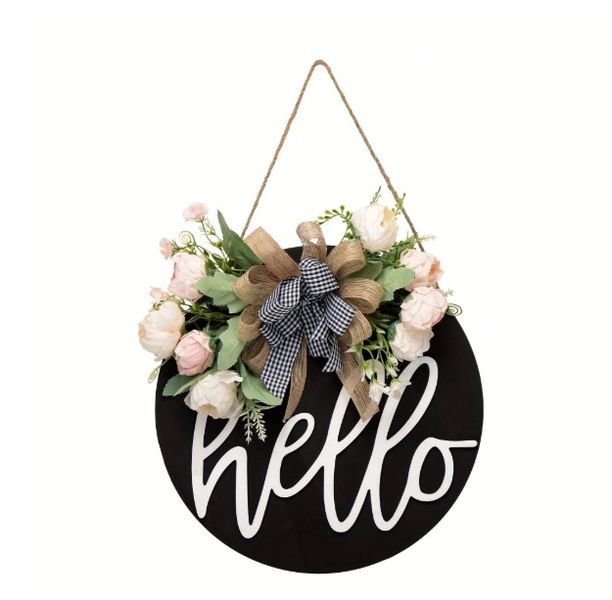 Round Wooden Hello Hanging Front Indoor or Outdoor Welcome Sign