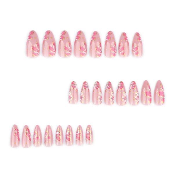 Minimalist Pink Nail Art Paired With Floral False Nails
