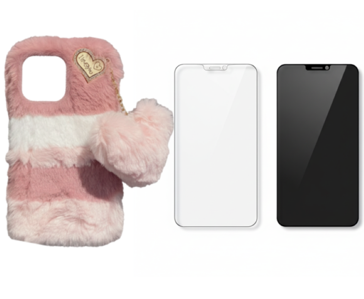 ip 16 Pro max Plush Heart Shaped Lanyard Phone Cover + 2 Screen Protectors
