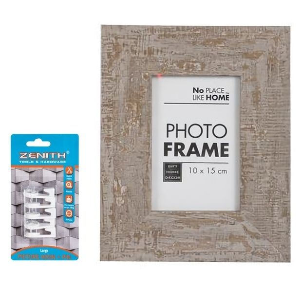 Set of 4 Picture Frame Wood Stressed 10x15cm - Hanging Hooks Included