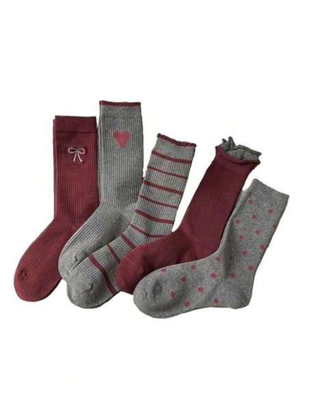 Elegant Maroon &amp; Grey Long Socks Set - 5 Pairs