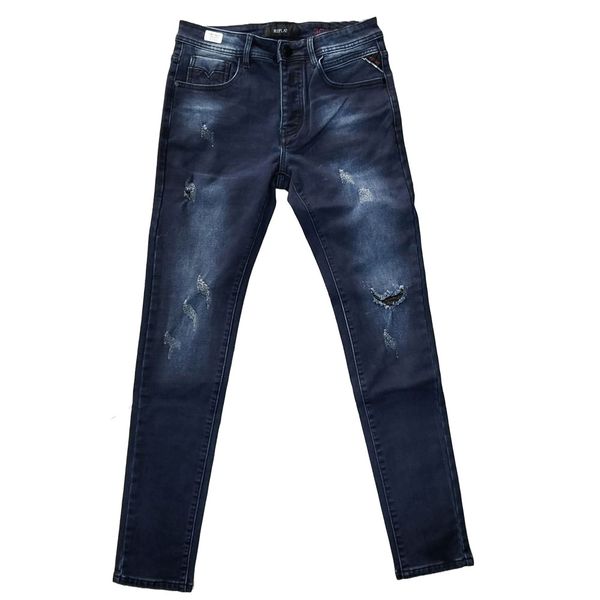 Replay Hyperflex Washed and Ripped Jeans - Blue