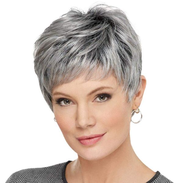 Female silver gray gradient short straight wig headgear
