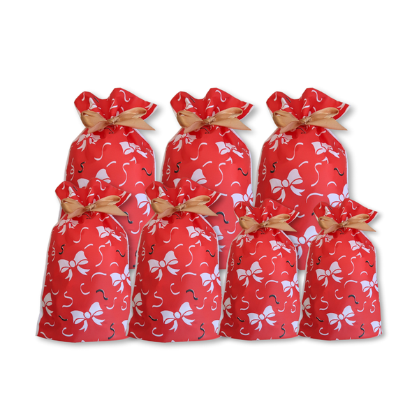 7pcs Assorted Sizes Christmas Gift Bags with Drawstring Red with White Bows