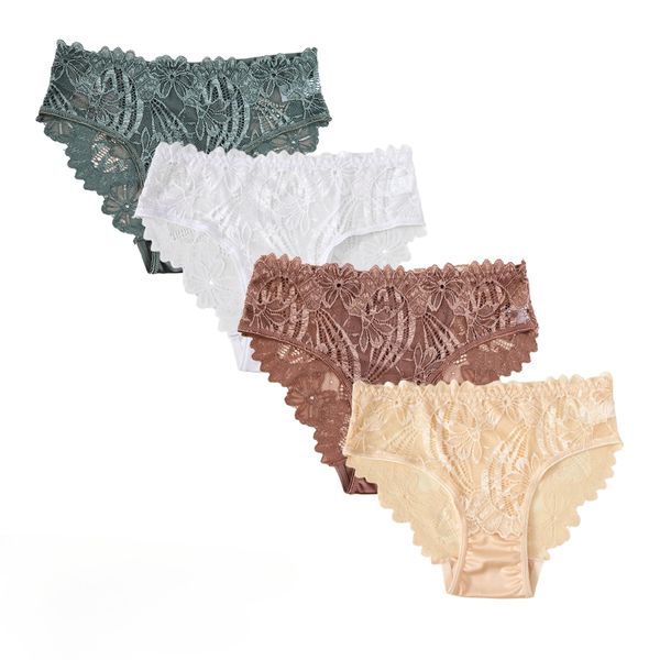 4PCS Elegant Women's Underwear Satin Panties Solid Color Lace Flower