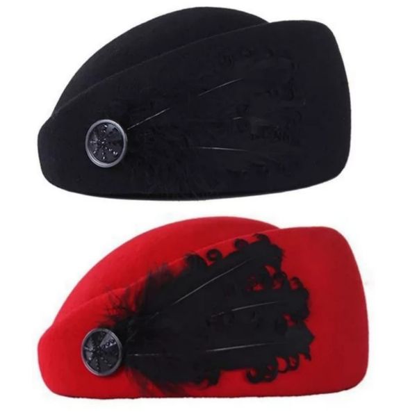 Lilhe Pack of Black &amp; Red Elegant Beret Cap with Feather for Ladies