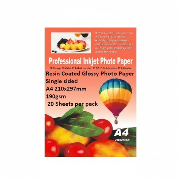 E-Box Glossy Photo Paper A4 190gsm - 20 Sheets for Inkjet Printers