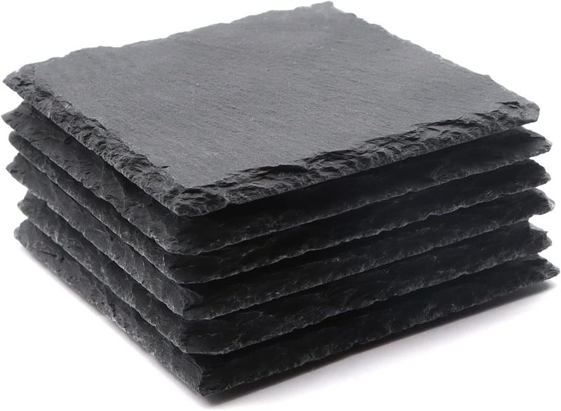 Slate Coasters, Black Stone Drink Coasters, 4-Inch Square 6-Pack