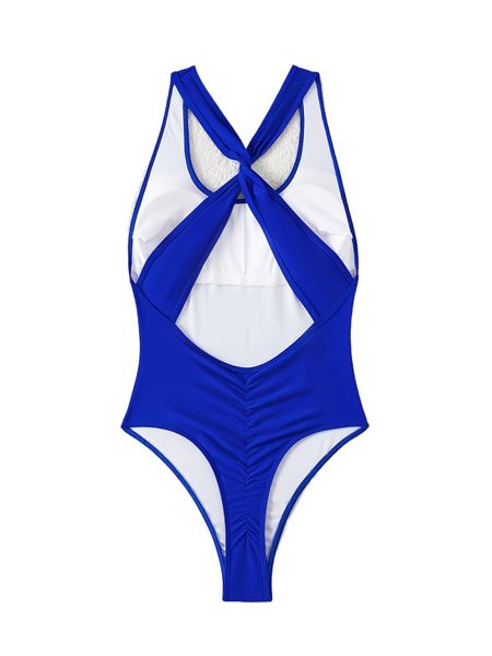 Round Neck Solid Color Shoulder Strap Cross Backless One-Piece Swimsuit Set