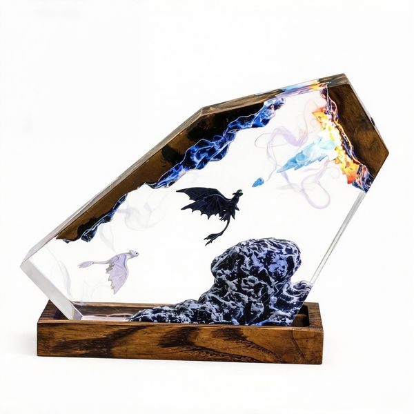 ZELTRYN Toothless &amp; Light Fury Resin Ornament Wood Base Night Light