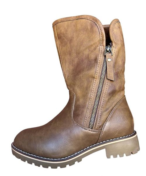 Ladies Fashion Mid Calf With Side Zipper Boot PU - Beige