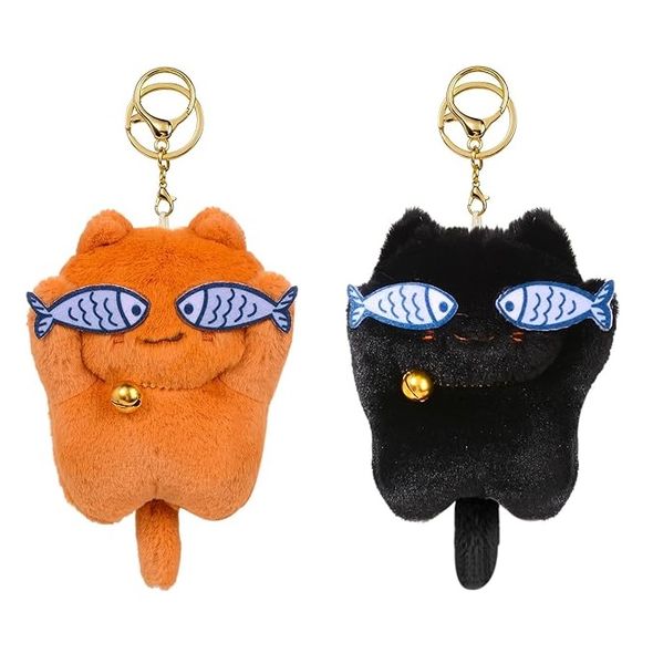 2Pieces Plush Shy Cat Keychains with Bell,Keyrings for Backpack and Handbag