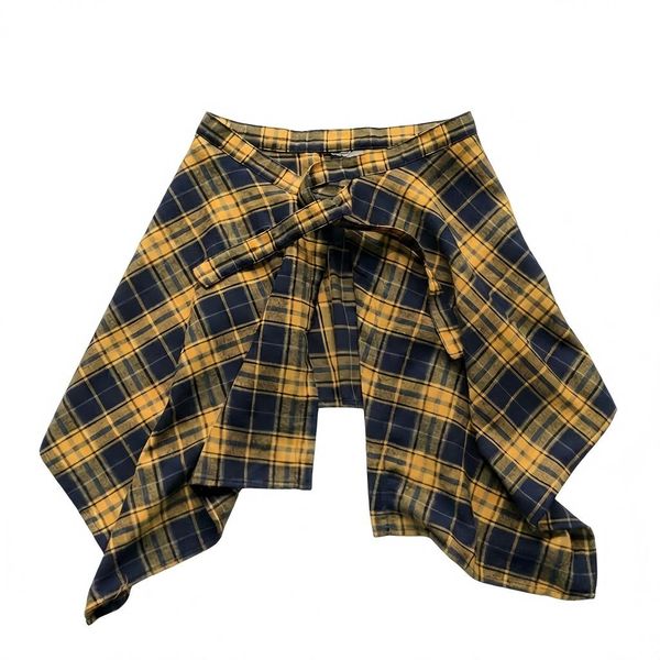 Women's Casual Plaid Shirt Overlay Skirt Tie-Waist Faux Layering Hip Cover