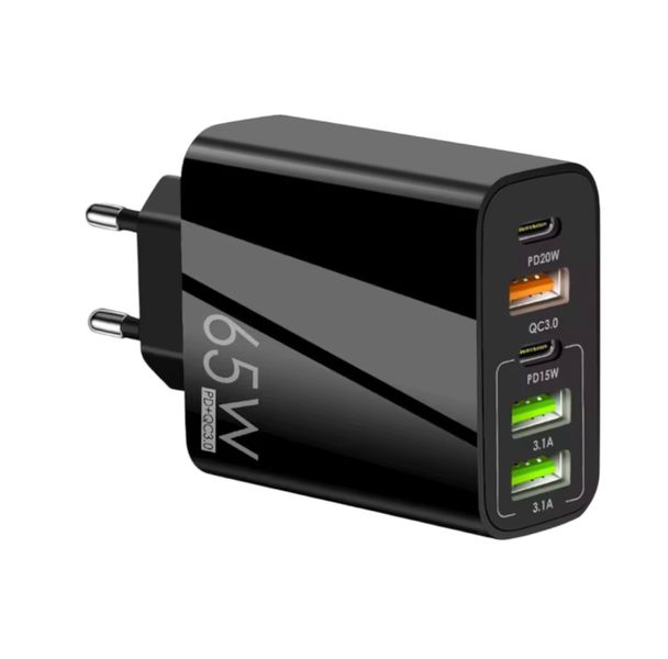 Black 65W 3-in-1 SB Multi-Port +2 Type-C Adapter Fast Wall Charger Plug