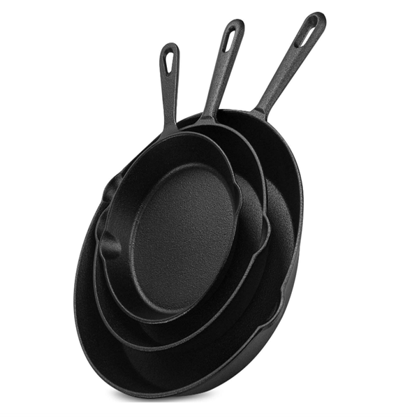 3-Piece Black Cast Iron Non-Stick Skillets,