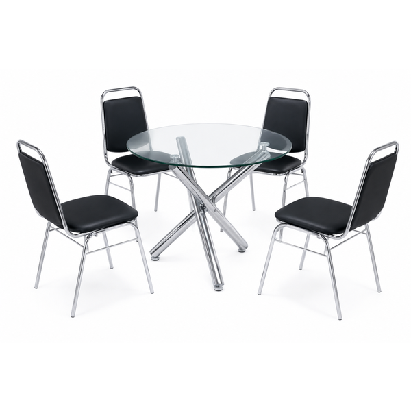Modern 4 Seater Round Glass Dining Set - Black &amp; Chrome